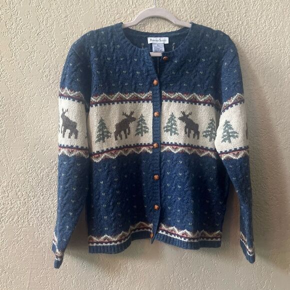 Robert Scott Vintage Fair Isle Moose Cardigan Sz Large Wool Silk Leather Buttons - Picture 1 of 7